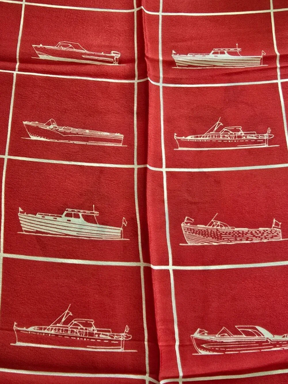 Vera Neumann - Vintage Silk Scarf w/ Traditional Wooden Motorboats, Red & White​ - Picture 6 of 9